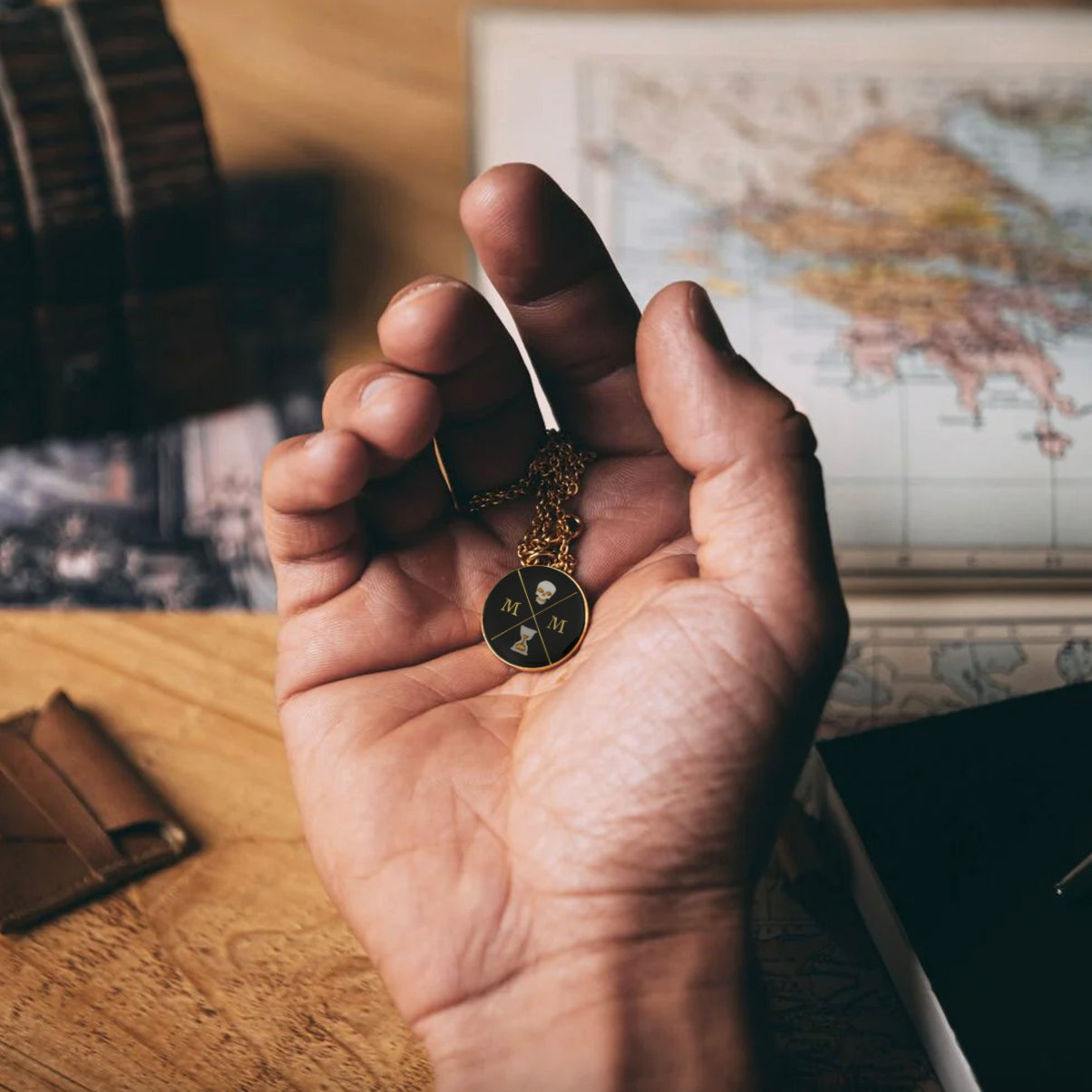 Memento Mori Logo Black, White and Gold Enamelled Pendant Necklace