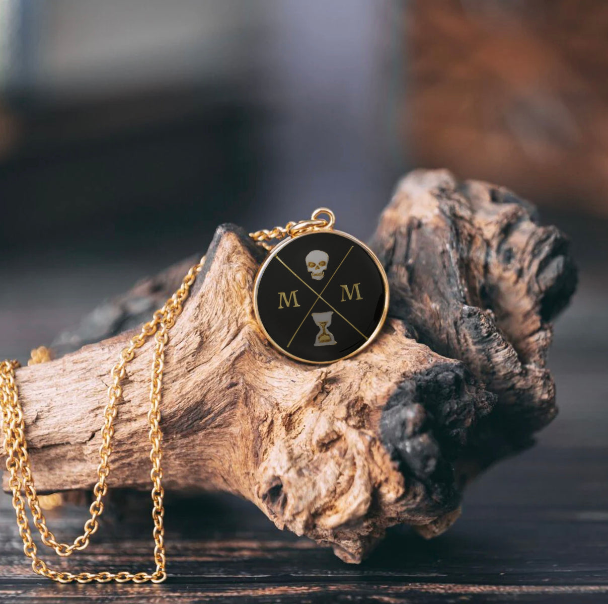 Memento Mori Logo Black, White and Gold Enamelled Pendant Necklace