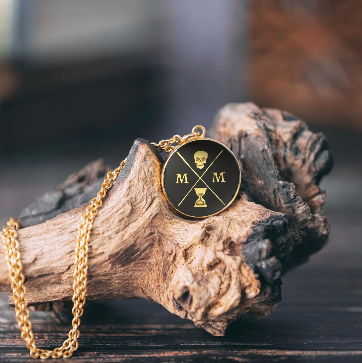 Memento Mori Logo Black and Gold Enamelled Pendant Necklace