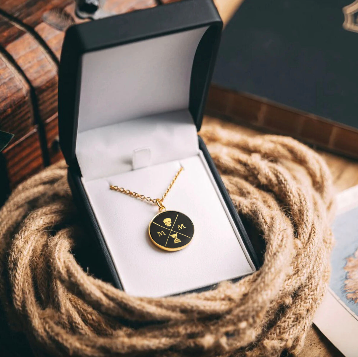 Memento Mori Logo Black and Gold Enamelled Pendant Necklace