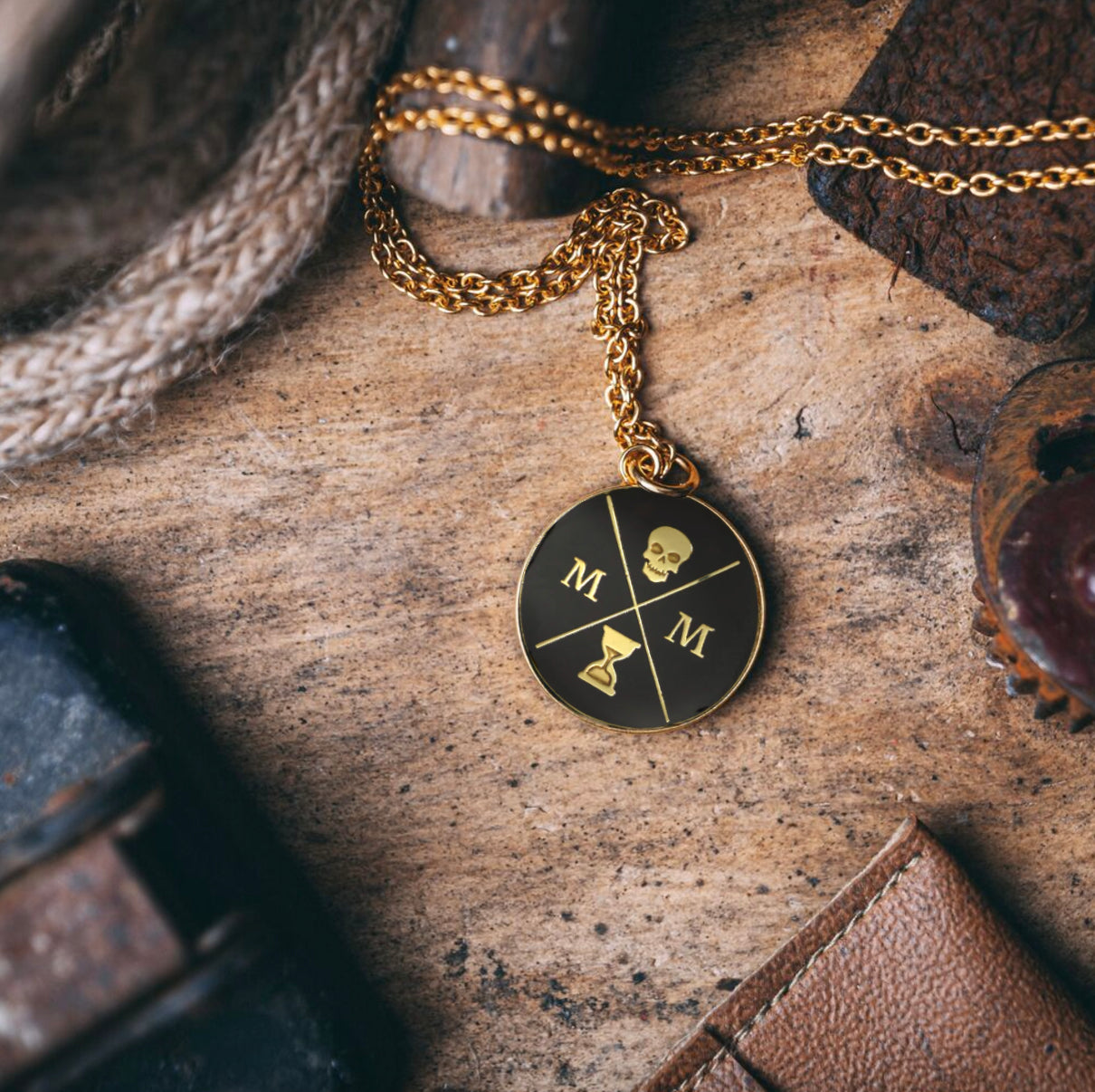Memento Mori Logo Black and Gold Enamelled Pendant Necklace