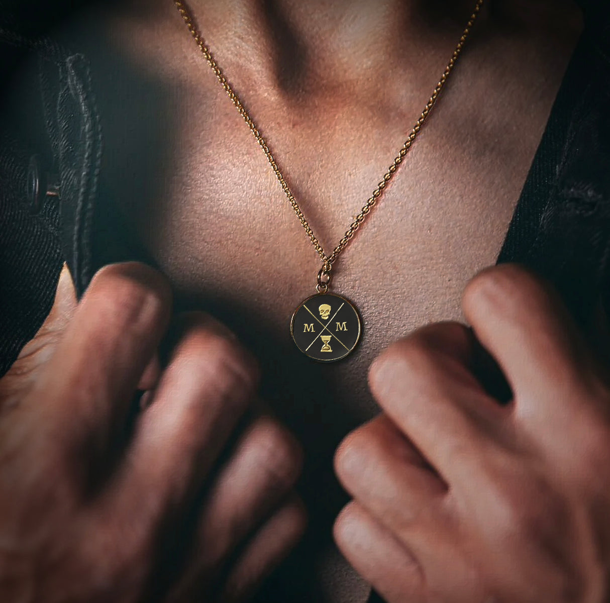 Memento Mori Logo Black and Gold Enamelled Pendant Necklace