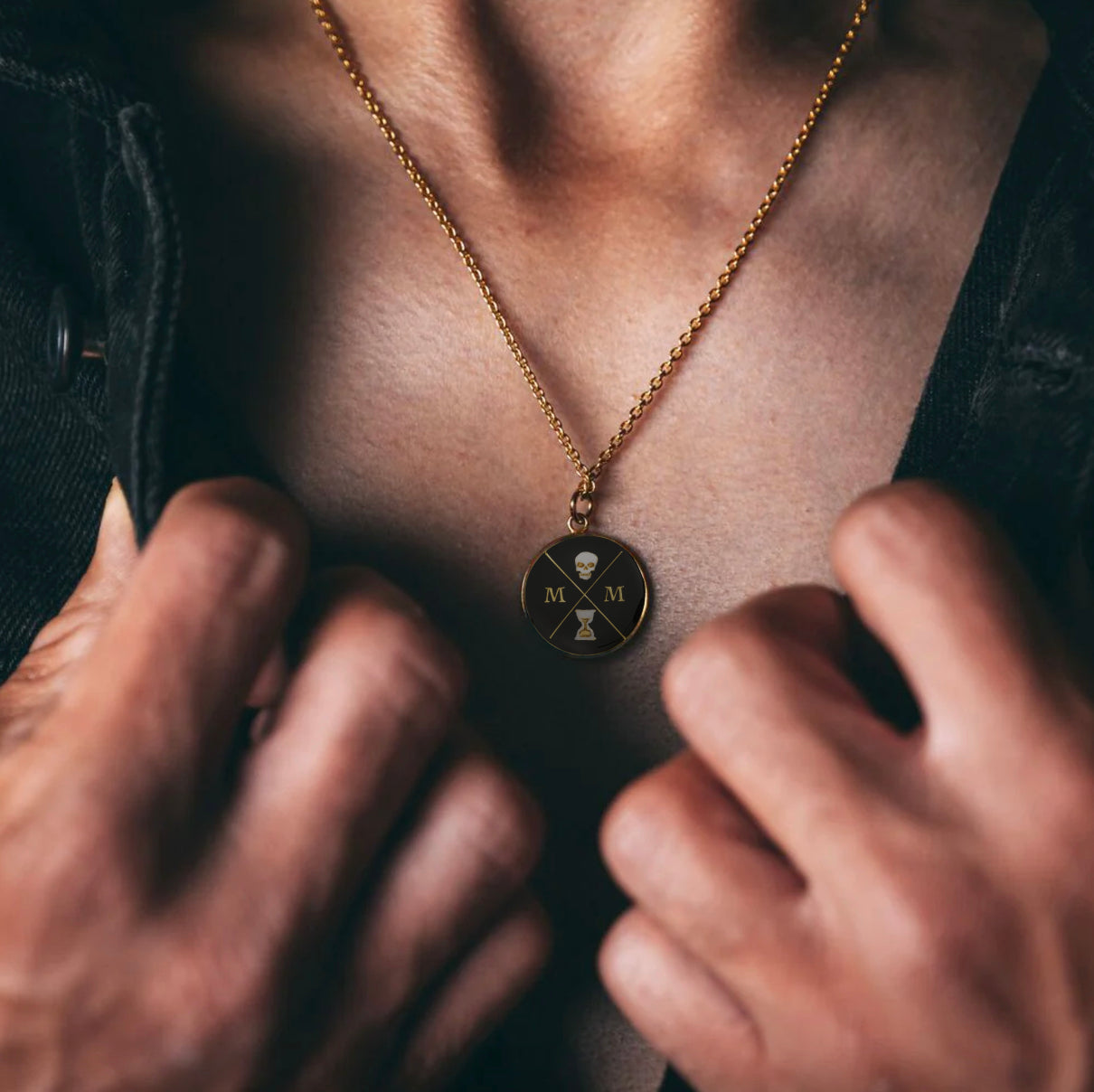 Stoic Memento Mori Logo Black, White and Gold Enamelled Pendant Necklace