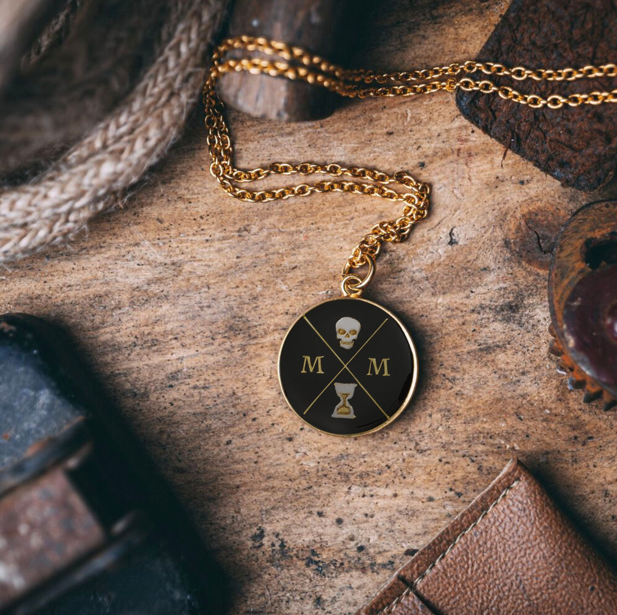 Stoic Memento Mori Logo Black, White and Gold Enamelled Pendant Necklace